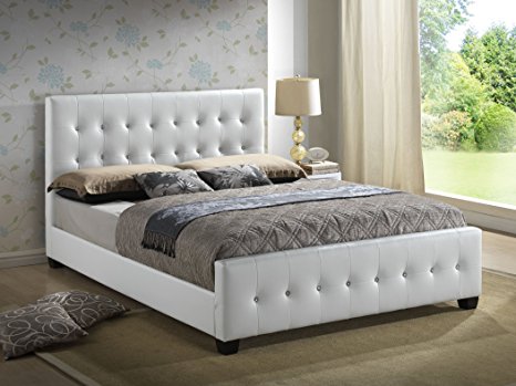 White - Queen Size - Modern Headboard Tufted Design Leather Look Upholstered Platform Bed