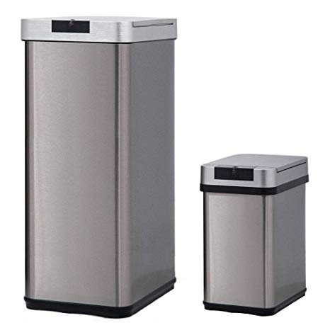 13 Gallon Large Recycling Trash Can&2.4 Gallon Small Trash Can, Stainless Steel Metal Trash Can with Lid for Office, Kitchen, Bathroom, Motion Sensor Automatic Touchless Trash Cans Garbage Container
