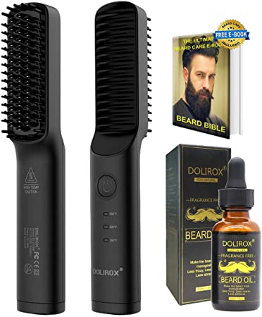 Beard Straightener w/FREE Beard Oil & E-Book UPGRADE 3 IN 1 Beard Straightener for men and Hair Straightening Brush Combs for Men & Women Beard Gifts for Him Men (Black)