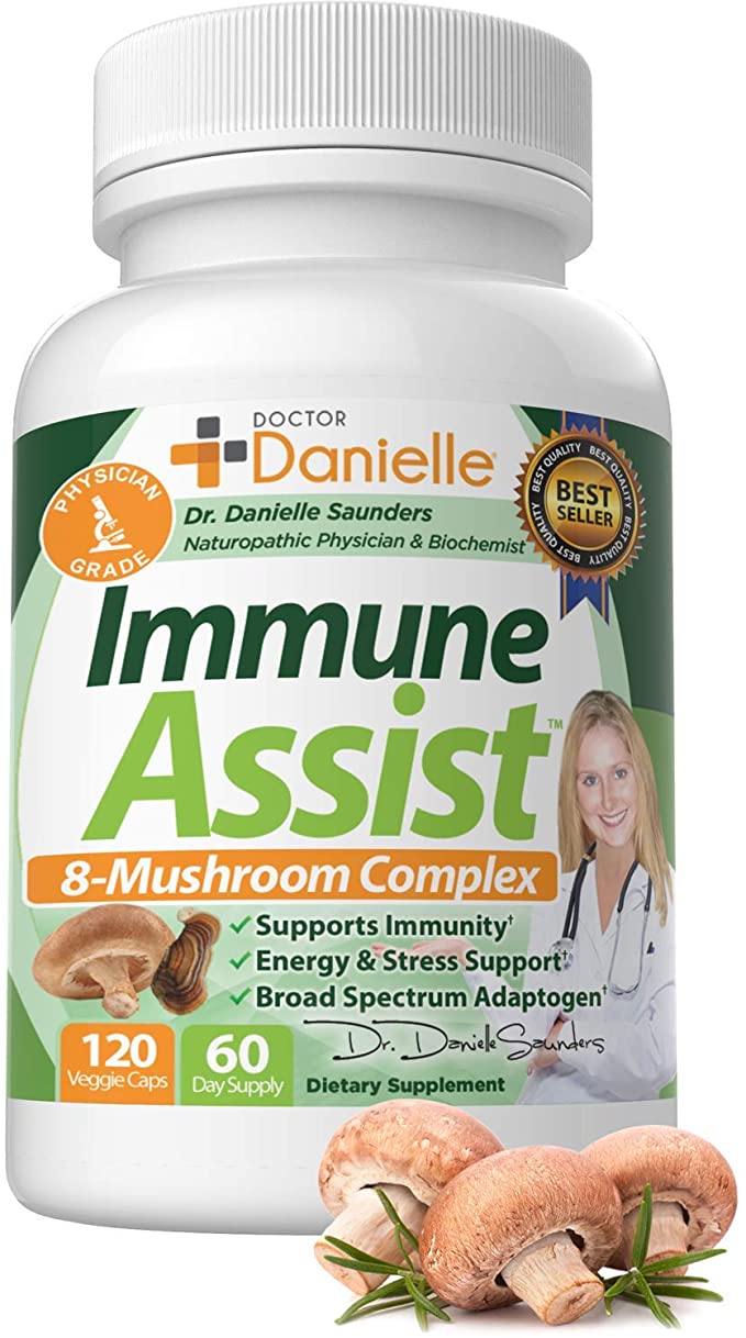 Organic Mushroom Immune Assist Support - Lion's Mane, Cordyceps and Reishi - Adaptogen Supplement - Wellness, Stress Relief, Memory & Cognitive Support, Dr. Danielle - 120 Veggie Caps