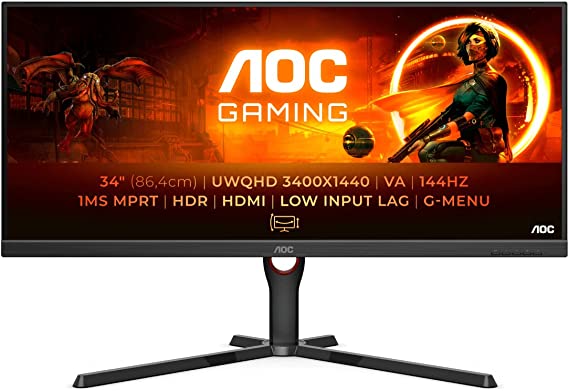 AOC Gaming U34G3XM - 34 Inch QHD Monitor, 144Hz, 1MS MPRT, VA, FreeSync Premium, Height Adjust, Low Input Lag (3440 x 1440 @ 144z, 300 cd/m², HDMI 2.0 / DP 1.4)