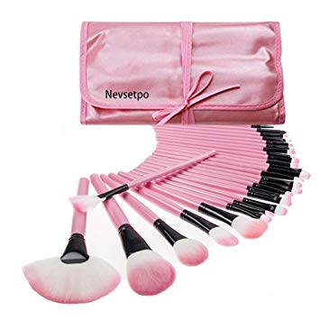 Nevsetpo Makeup Brushes 24 Piece Make Up Cosmetics Professional Essential Make Up Brush Set Kits with Travel Pouch (Pink)