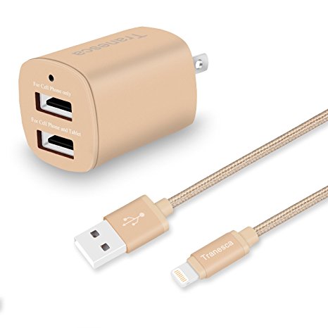 Tranesca Dual USB wall charger and 6ft MFI lighting charging cable for iPhone 7/iPhone 6/iPad/iPad Pro and more (Gold)