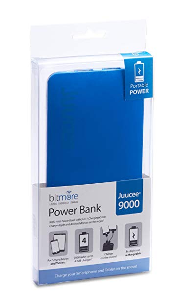 Bitmore Juucee 9000 mAh Ultra High Capacity Power Bank with 2.0 A Output for iPhone, iPad, Samsung Galaxy and More - Blue