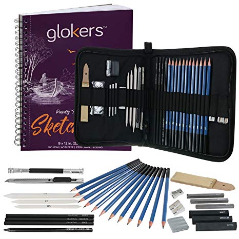 25-Piece Deluxe Art Set by Glokers – Shading, Sketching & Drawing – 100 Sheet Sketch Pad, Eraser, Smudging Stump, Tortillon Drawing Tool, Sandpaper Block and More