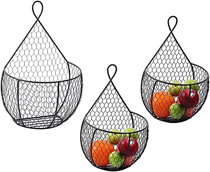 ERYTLLY Metal Fruit And Vegetable Storage Hanging Basket Wall Mounted, Hanging Fruit Basket For Kitchen Black Wire Baskets for Flowers, Fruits and Veggies, Fruit Hanging Baskets - Set of 3