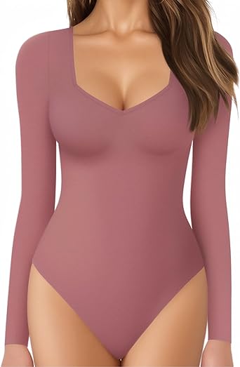 MANGOPOP Sweetheart V Neck Bodysuit for Women Long Sleeve Body Suits Going Out Tops