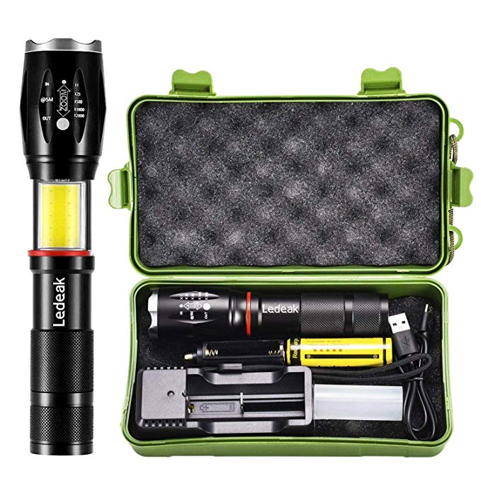 LED Tactical COB Flashlight, Ledeak CREE T6 1000 Lumens Ultra Bright Powerful Tail Magnet Flashlight, 6 Modes Waterproof Handheld Zoomable Pocket Work Light, Rechargeable Battery   USB Charger