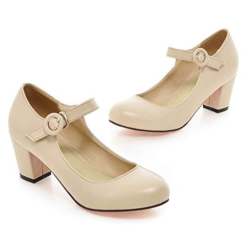 CHFSO Women's Round Toe Ankle Strap Buckle Chunky Heel Low Cut Pumps Shoes