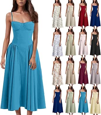 Sleeveless Corset Dress for Women 2024 Elegant Spaghetti Strap Midi Dress Flowy Pleated Hem Low Cut Prom Dresses