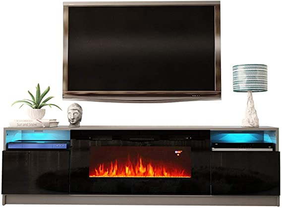 MEBLE FURNITURE & RUGS York 02 Electric Fireplace Modern 79" TV Stand (Gray/Black)