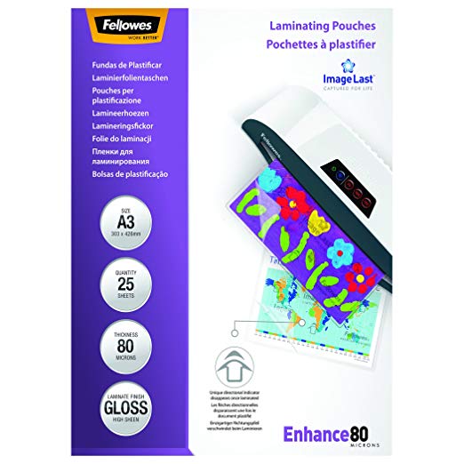 Fellowes A3 Laminating Pouches, Gloss, 160 Micron (2 x 80 Micron) with Image Last Directional Quality Mark, Pack of 25