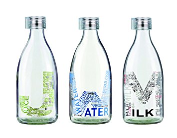 Glass Refrigerator 34oz Bottles. Perfect Storage & Serving Containers for Milk, Water, Juice and all other Beverages - Set of 3 With Stylish M J W Decorated Design & Airtight Lid. (3, M J W)