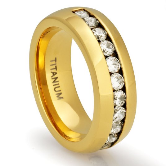 8MM Comfort Fit Titanium Wedding Band | 18 K Gold-Plated Engagement Ring with Channel Set CZ