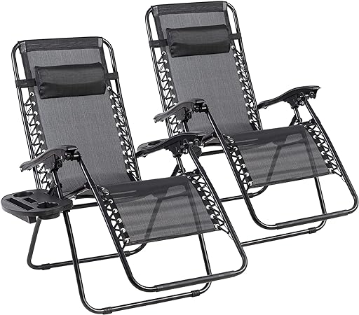 X-Haibei 2 Set Zero Gravity Chairs, Outdoor Folding Chairs, Adjustable Lawn Lounge Chair with Tray and Pillow for Camping Patio Yard Poolside Backyard 350 Lbs Black