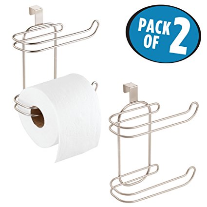 mDesign Compact Hanging Over the Tank Toilet Tissue Paper Roll Holder and Dispenser for Bathroom Storage - Holds 1 Extra Roll - Space Saving Design - Pack of 2, Durable Metal Wire in Satin Finish