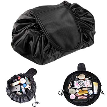 TECHSON Quick Makeup Bag Waterproof, Large-Capacity Simple Pack Portable Drawstring Organizer, Travel Multifunction Cosmetic Toiletry Storage Pouch (Black)
