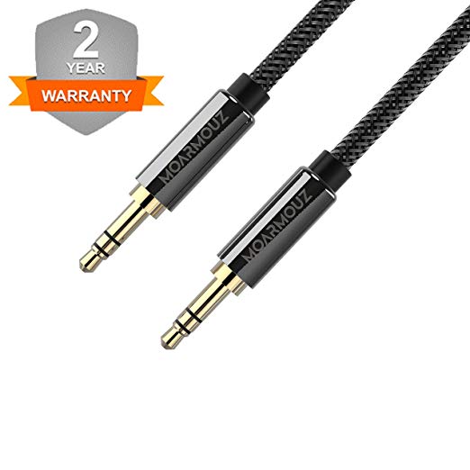 MoArmouz Nylon Braided 5ft / 1.5m Long Aux Audio Cable With 3.5mm Male to Male Gold Plated Connectors- (Black)
