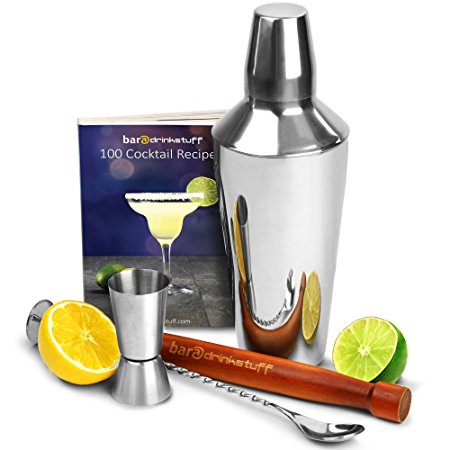 Cobbler Cocktail Shaker Set by bar@drinkstuff | Starter Cocktail Kit with 100 Cocktail Recipes book, Manhattan Cocktail Shaker with built-in Strainer, Jigger Measure, Wooden Muddler and Twisted Mixing Spoon