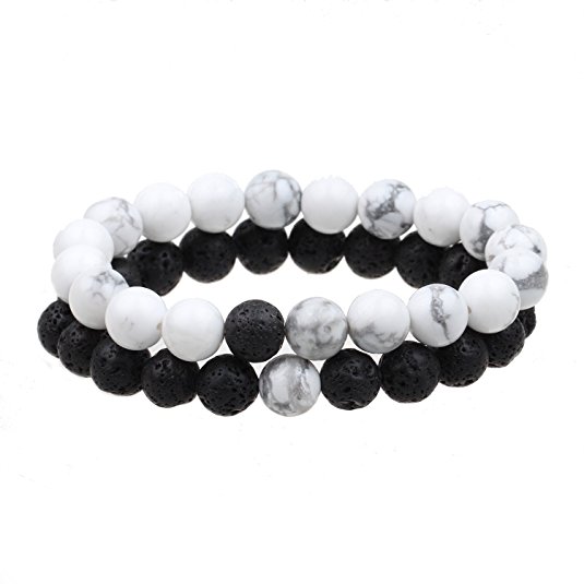 ISHOW Yin Yang Balance Black White Stone His and Hers Couple Distance Bracelet 2pcs
