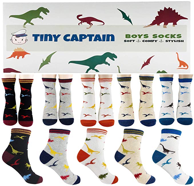 Boys Dinosaur Socks For 4-7 Year Old Best Gift For Age 4 Boy Cotton Sock 5 Pack Set From Tiny Captain (Black, White, Grey