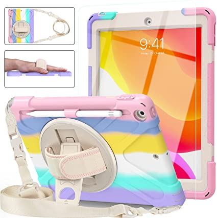 Blosomeet iPad 9th/8th Generation Case 2021/2020 10.2 Inch for Kids Girls Cute w/ Tempered Glass Screen Protector & Pencil Holder |Rugged iPad 7th Gen 10.2 Cover 2019 Pink w/ Stand Hand Shoulder Strap