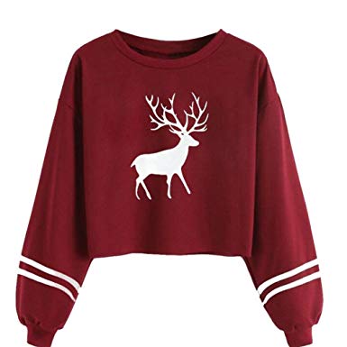 Women Ladies Sweatshirt Crop Tops FriendG Long Sleeve Round Neck Christmas Deer Printed Pullover Jumper Sweater Xmas Casual Sexy Fashion Short Plain Blouse Tops