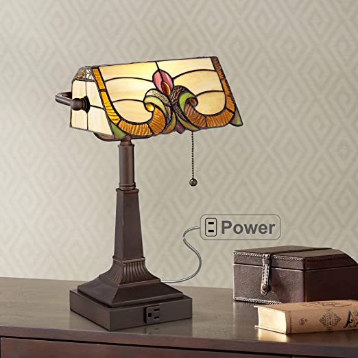 Fleura Traditional Piano Banker Desk Table Lamp 17" High with AC Power Outlet Bronze Antique Tiffany Style Floral Art Glass Shade for Bedroom Bedside Nightstand Office - Robert Louis Tiffany