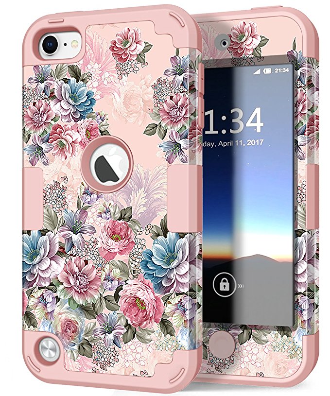 iPod 6 Case, iPod 5 Case, Hocase Drop Protection Shock Absorbing Silicone Bumper Hard Shell Hybrid Dual Layer Full-Body Protective Case for iPod touch 5th/6th Generation - Peony Flower / Rose Gold