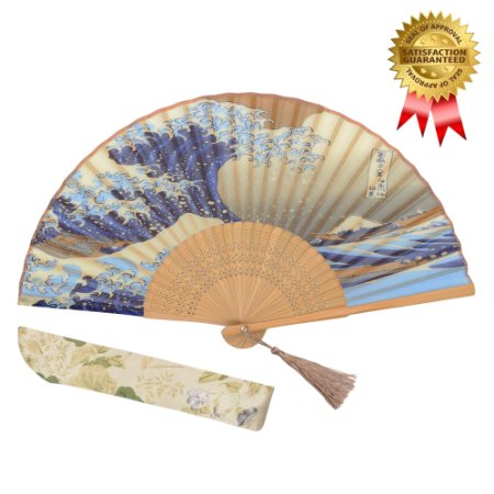 OMyTea® "Landscape" 8.27"(21cm) Folding Hand Held Fan - With a Fabric Sleeve for Protection for Gifts - Japanese Vintage Retro Style (Kanagawa Sea Waves)