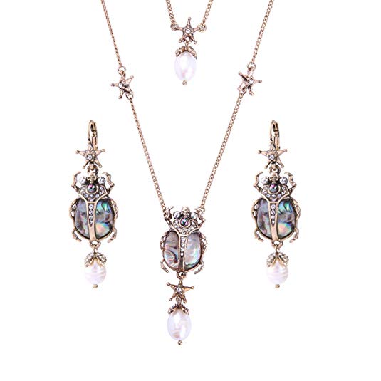 Feximzl Vintage Bug Insect Necklaces Charms Crystal Beetle Abalone Shell Stunning Antiqued Gold Scarab Drop Earrings