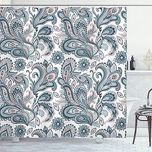 Ambesonne Paisley Shower Curtain, Ethnic Swirly Flowers Leaves Floral Pattern Bohemian Style Country Print, Cloth Fabric Bathroom Decor Set with Hooks, 69" W x 70" L, Blue Grey Pale Rose