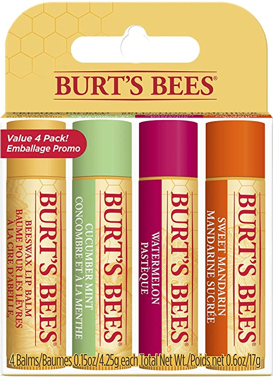 Burt's Bees 100 % natürlicher, feuchtigkeitsspendender Lippenbalsam im 4er-Pack, Frisch geerntet - Bienenwachs, Gurke-Minze, Wassermelone und süße Mandarine - 4 Tuben, 17 g