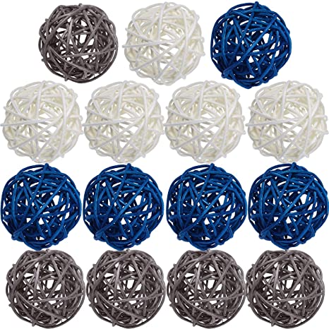 Yaomiao 15 Pieces Wicker Rattan Balls Decorative Orbs Vase Fillers for Craft, Party, Wedding Table Decoration, Baby Shower, Aromatherapy Accessories, 1.8 Inch (Blue Gray White)
