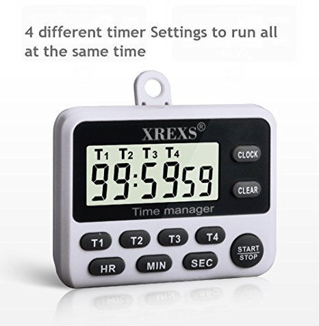 4 Channels Digital Kitchen Timer Clock - XREXS Cooking Timer with Large LCD Display, 4 Groups Simultaneous Timing Count Down Up Pocket Timer, Magnetic Attachable (battery included)