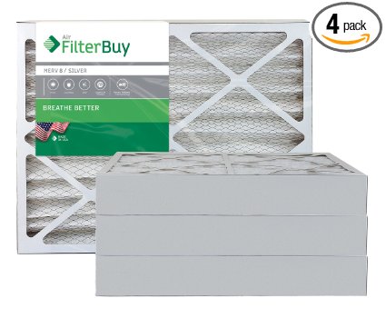 AFB Silver MERV 8 20x25x4 Pleated AC Furnace Air Filter. Pack of 4 Filters. 100% produced in the USA.