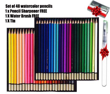 Meiz 48-color Art Colored Watercolor Pencils for Artist Sketch and Secret Garden,Set of 48 Assorted Colors With Pencil Sharpener & Water Brush with Tin Case