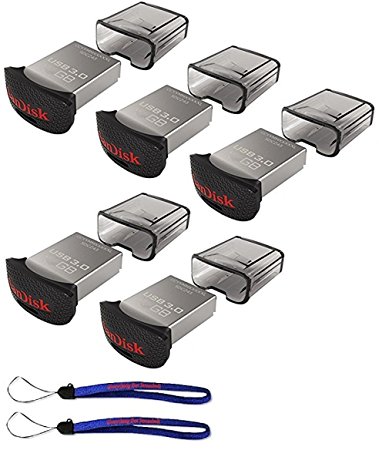 SanDisk Ultra Fit CZ43 16GB USB 3.0 Low-Profile Flash Drive Up To 130MB/s Read- SDCZ43-016G-G46 16G (5 pack) Flash Drive Jump Drive Pen Drive - w/ (2) Everything But Stromboli (TM) Lanyard