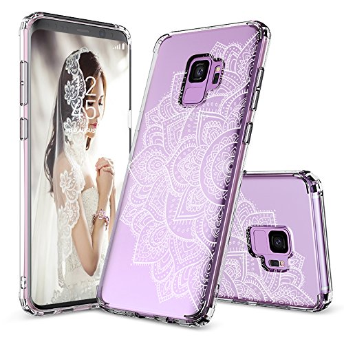 Galaxy S9 Case, Galaxy S9 Case Clear, MOSNOVO White Floral Half Mandala Flower Pattern Clear Design Transparent Plastic Hard Case with TPU Bumper Protective Case Cover for Samsung Galaxy S9 (2018)