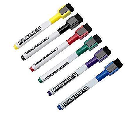 Magnetic Dry Erase Markers Non Toxic with Erasers, Fine Tip, Assorted Colors, 6-Count