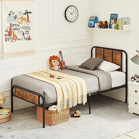 VECELO Bed Frame with Wooden Headboard Metal Slats, High Metal Platform Bed, No Box Spring Needed(Twin, Vintage Brown)