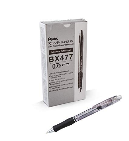 Pentel RSVP Super RT Ballpoint Pen, (0.7mm) Fine Line, Black Ink, Box of 12 (BX477-A)