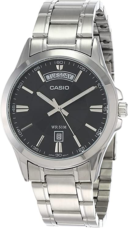 Casio #MTP1381D-1AV Men's Classic Stainless Steel 50M Day Date Black Dial Watch