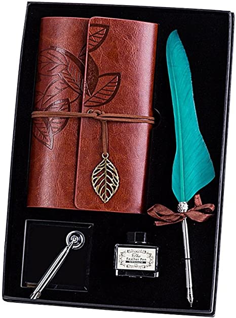 Pawaca Quill Pen,Natural Handcrafted Luxury Quill Pen and Ink Set,Antique Dip Feather Pen Set Calligraphy Pen Set Writing Quill Ink Dip Pen with Notebook Ink Pen Holder,Gift Set. (Green)
