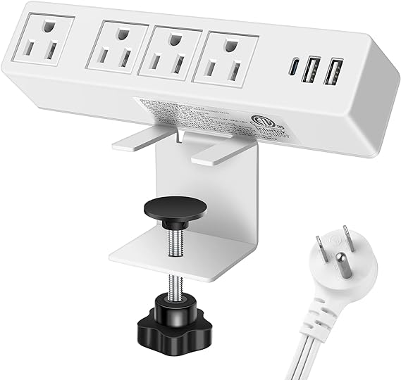 White Desktop Clamp Power Strip with USB C, Surge Protector 900J Power Charging Station Outlet with 4 AC Plugs 2 USB A 1 USB C PD 20W Fast Charging Outlets for Home Office Garage Workshop