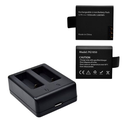 Campark 1050mAh Rechargeable Battery (2-Pack) and USB Dual Battery Charger for Campark Cube Action Camera