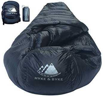 Hyke & Byke Quandary 15 Degree F Ultralight Mummy Down Sleeping Bag for Backpacking with Compression Sack