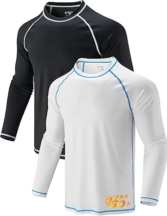 2 Pack Men's Sun Protection Long Sleeve Swim Shirts UPF 50  Loose Fit Rash Guards Fishing Quick Dry Clothing