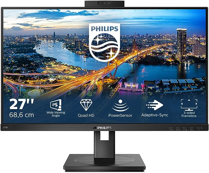 PHILIPS 275B1H - 27 Inch QHD Monitor, 75Hz, 4ms, IPS, WebCam, Height adjust, Speakers, USB Hub (2560 x 1440, 300 cd/m², HDMI/DVI/DP/USB-B/USB 3.2)