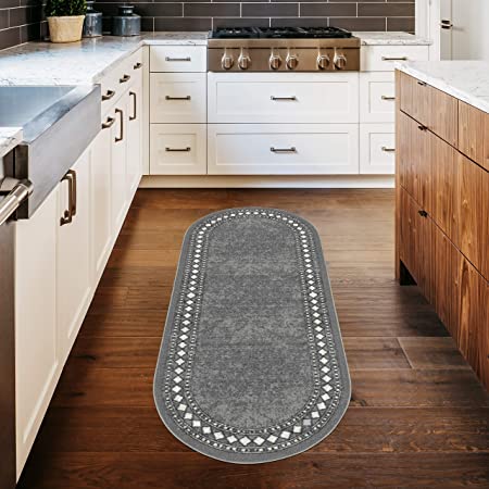 Antep Rugs Alfombras Modern Bordered 2x5 Non-Skid (Non-Slip) Low Profile Pile Rubber Backing Kitchen Area Rugs (Gray, 2' x 5' Oval)